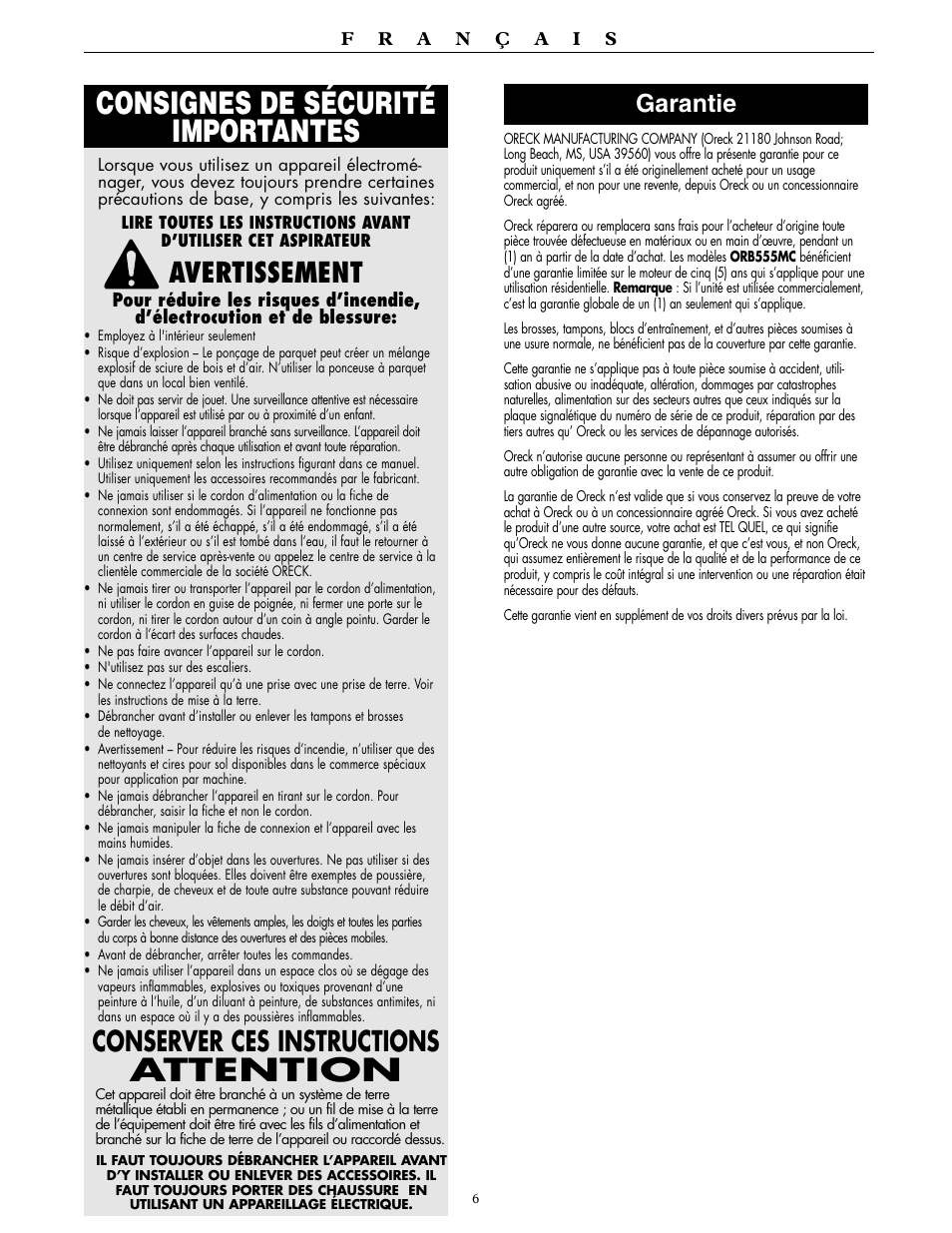 Consignes de sécurité importantes, Attention, Avertissement | Conserver ces instructions, Garantie | Oreck Orbiter Multi-Purpose Floor Machine ORB557MC Series User Manual | Page 6 / 16