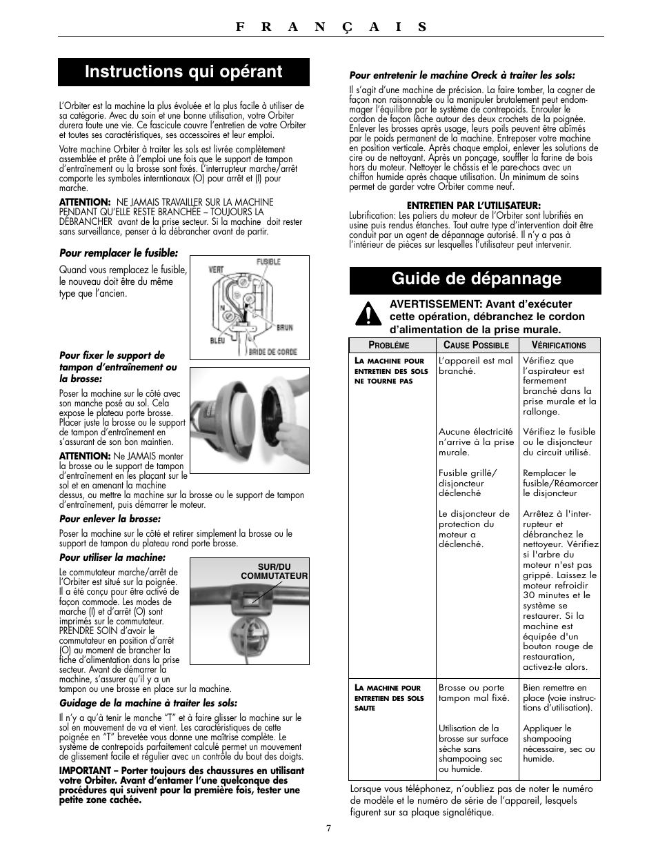 Guide de dépannage, Instructions qui opérant | Oreck Orbiter Multi-Purpose Floor Machine ORB557MC Series User Manual | Page 7 / 16