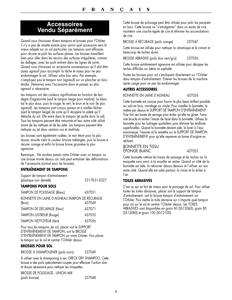Accessoires vendu séparément | Oreck Orbiter Multi-Purpose Floor Machine ORB557MC Series User Manual | Page 8 / 16