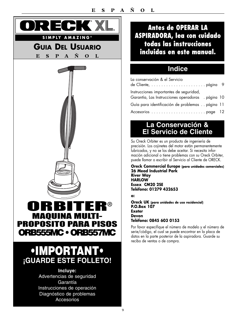 Important, Orbiter, Guarde este folleto | Maquina multi- proposito para pisos, La conservación & el servicio de cliente | Oreck Orbiter Multi-Purpose Floor Machine ORB557MC Series User Manual | Page 9 / 16