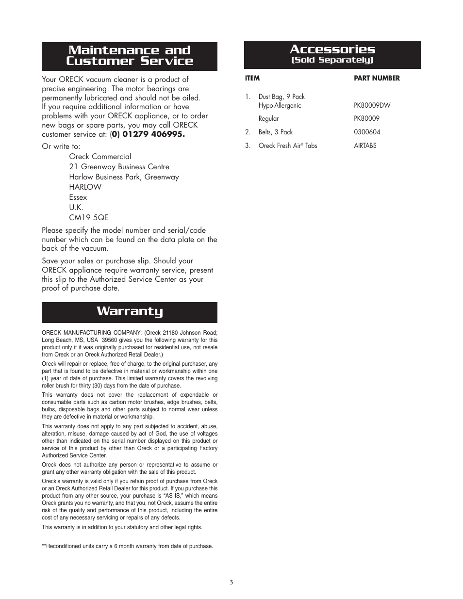 Accessories, Maintenance and customer service warranty | Oreck MICRO SWEEP 2005HH User Manual | Page 3 / 8