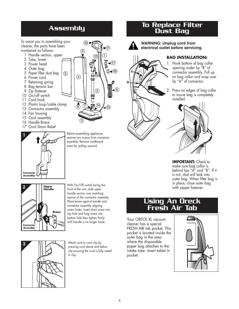 Using an oreck fresh air tab, Assembly | Oreck MICRO SWEEP 2005HH User Manual | Page 4 / 8