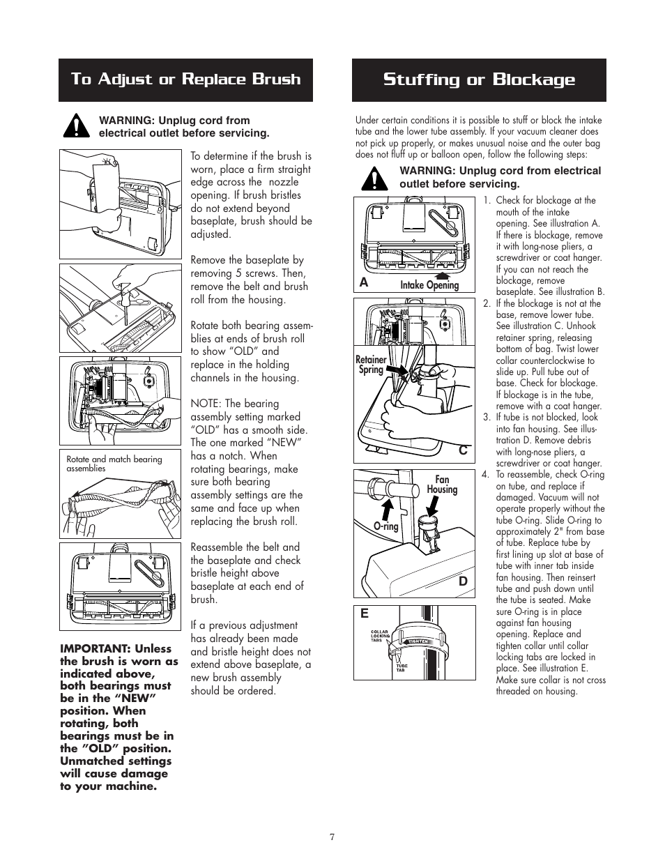 Tuffing or, Lockage, Djust or | Eplace, Rush | Oreck MICRO SWEEP 2005HH User Manual | Page 7 / 8