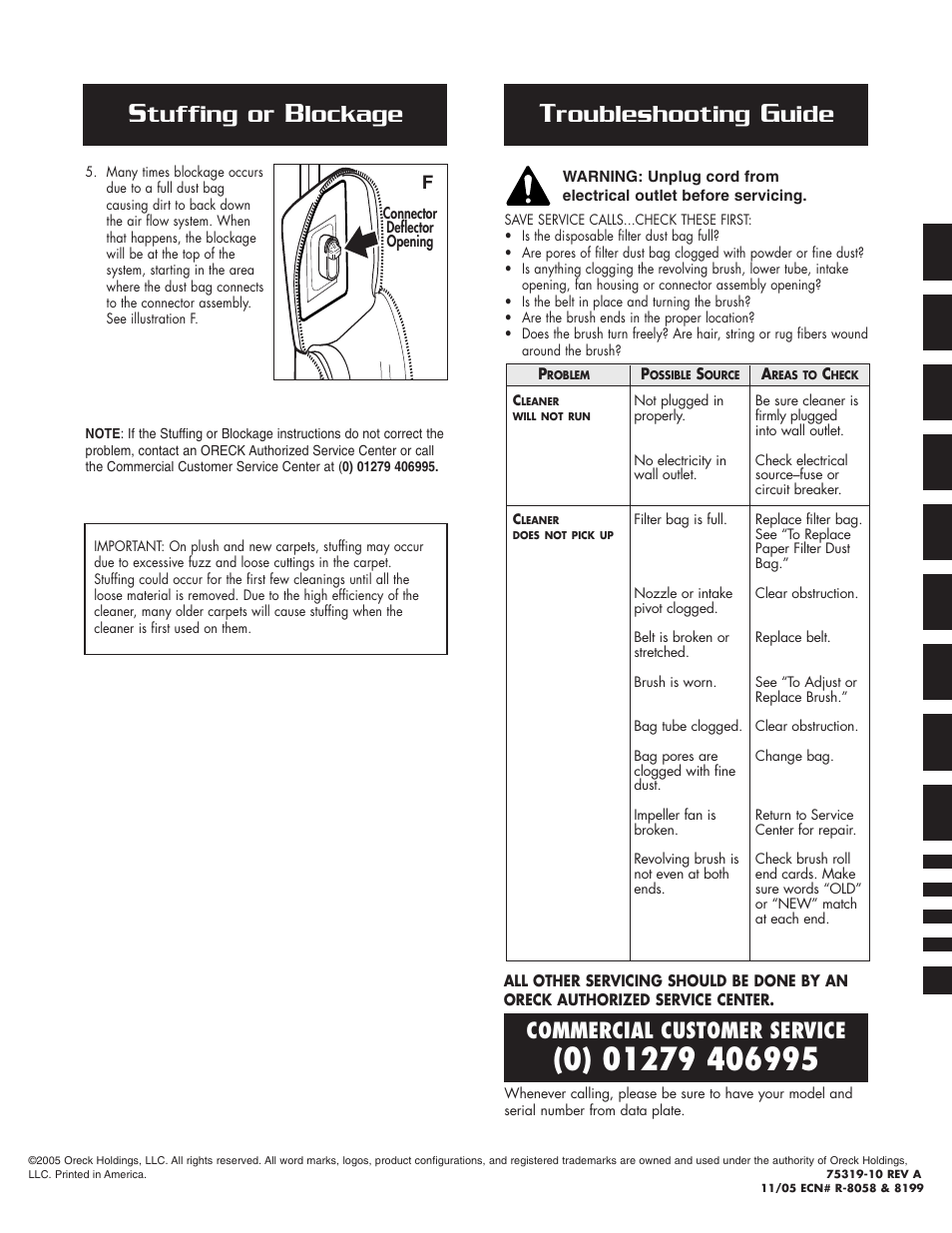 Tuffing or, Lockage, Roubleshooting | Uide, Commercial customer service | Oreck MICRO SWEEP 2005HH User Manual | Page 8 / 8