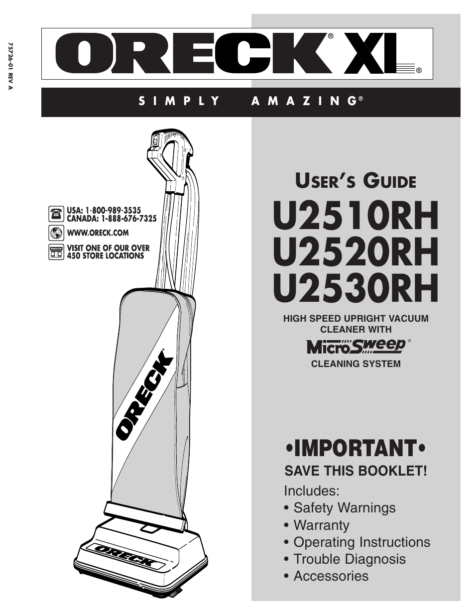 Oreck U2520RH User Manual | 8 pages