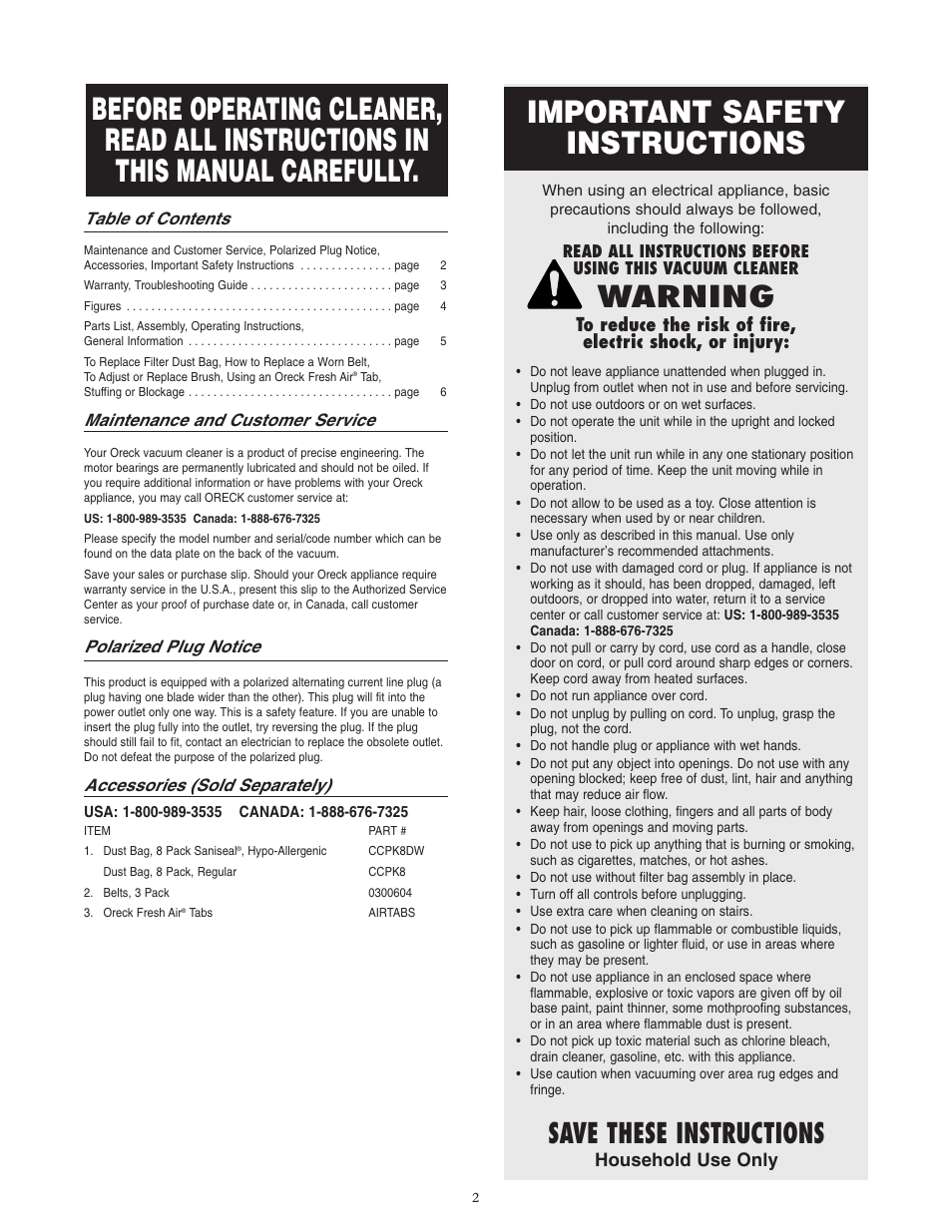 Important safety instructions, Warning, Save these instructions | Oreck U2520RH User Manual | Page 2 / 8