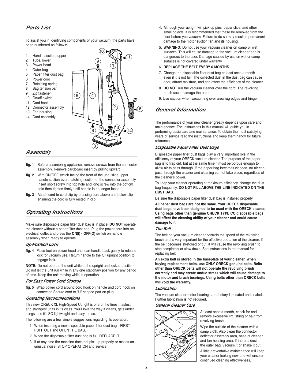 Parts list, Assembly, Operating instructions | General information | Oreck U2520RH User Manual | Page 5 / 8