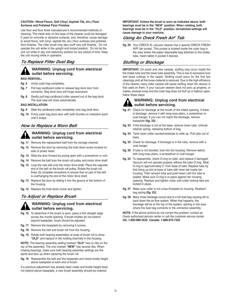 How to replace a worn belt, Using an oreck fresh air, Stuffing or blockage | Oreck U2520RH User Manual | Page 6 / 8