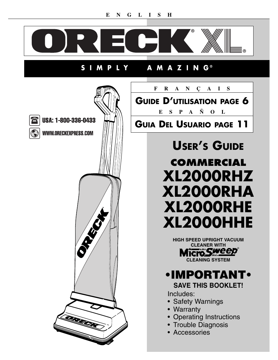 Oreck XL2000RHZ User Manual | 16 pages