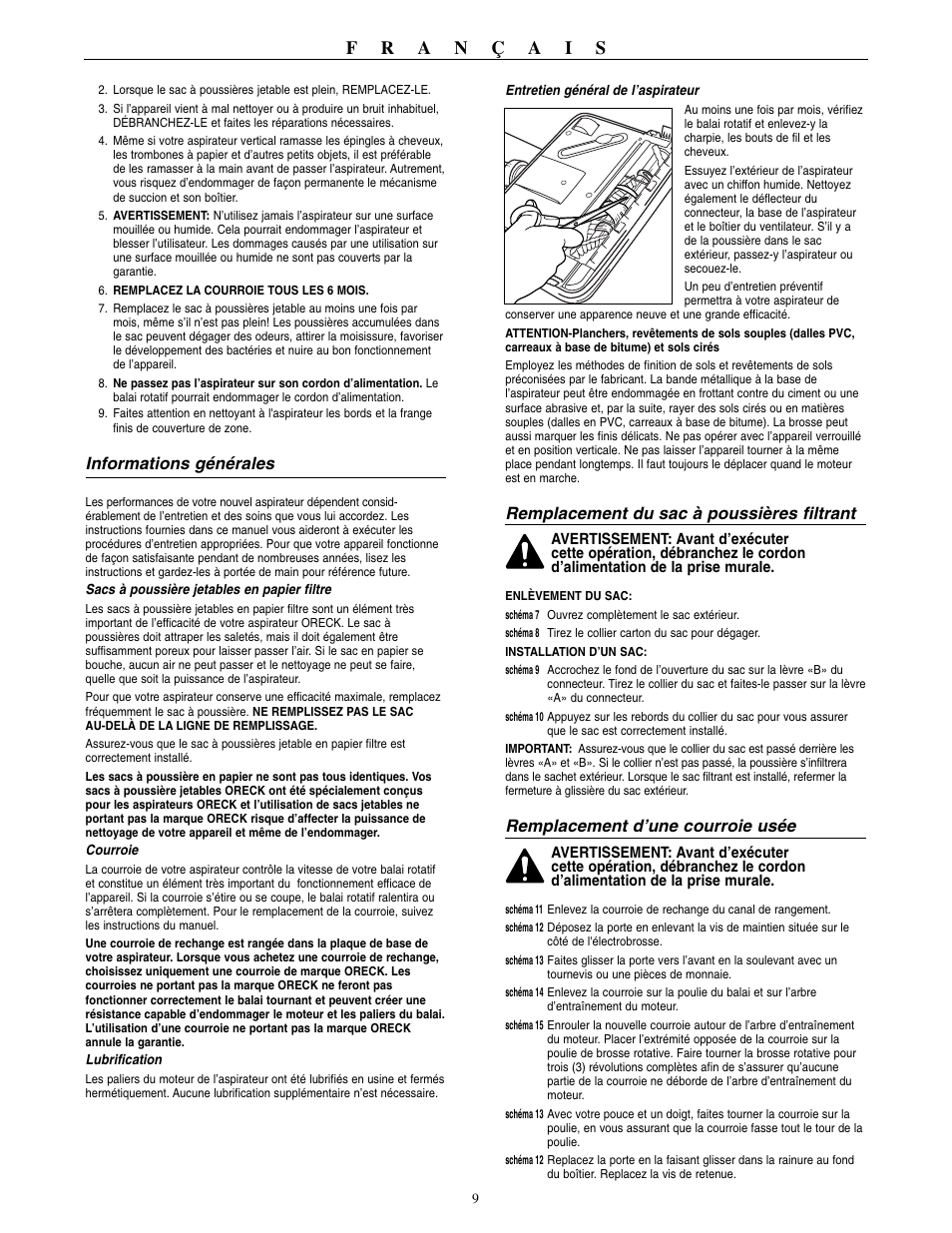 Informations générales, Remplacement du sac à poussières filtrant, Remplacement d’une courroie usée | Oreck XL2000RHZ User Manual | Page 10 / 16