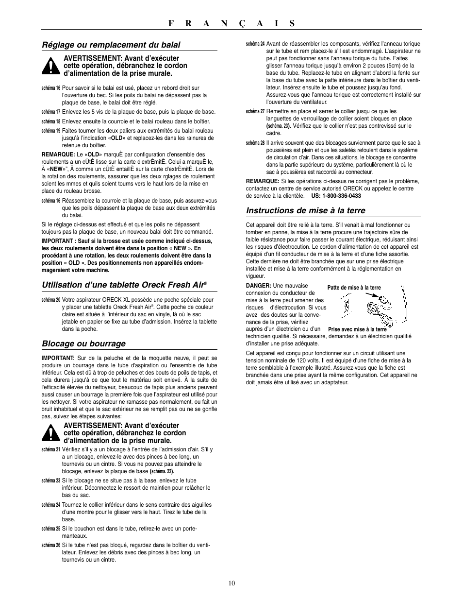 Réglage ou remplacement du balai, Utilisation d’une tablette oreck fresh air, Blocage ou bourrage | Instructions de mise à la terre | Oreck XL2000RHZ User Manual | Page 11 / 16