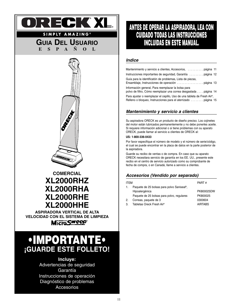 Importante, Guarde este folleto, Suario | Oreck XL2000RHZ User Manual | Page 12 / 16