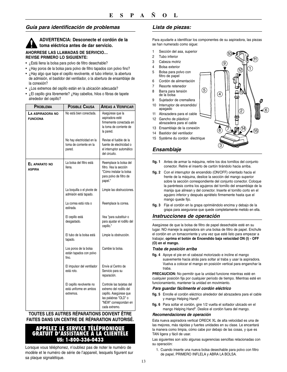 Guía para identificación de problemas, Lista de piezas, Ensamblaje | Instrucciones de operación | Oreck XL2000RHZ User Manual | Page 14 / 16