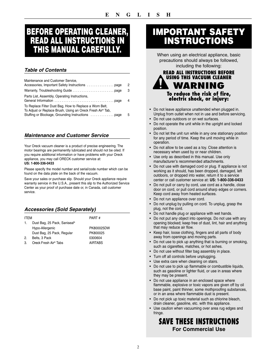 Important safety instructions, Warning, Save these instructions | Oreck XL2000RHZ User Manual | Page 3 / 16