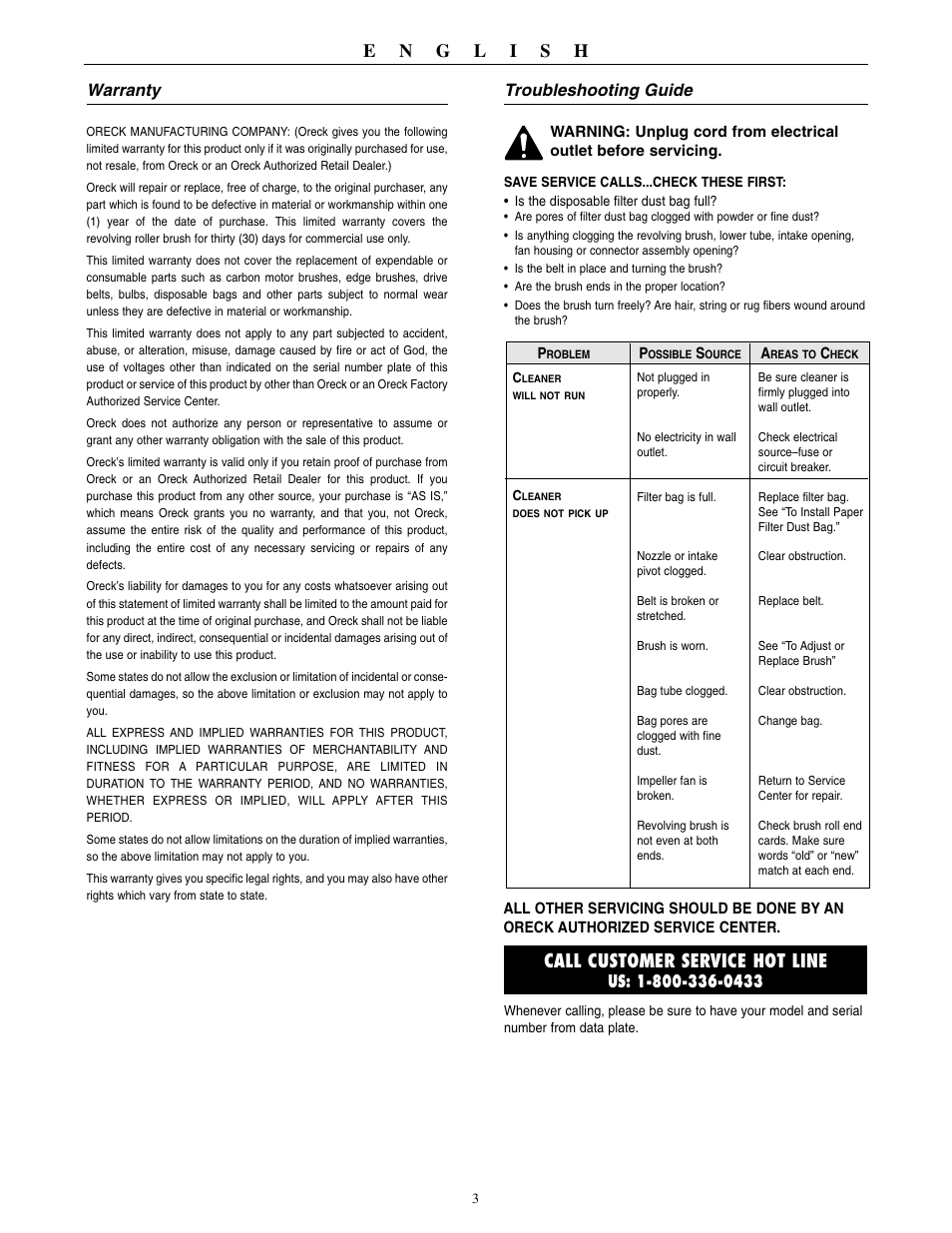 Call customer service hot line, Warranty, Troubleshooting guide | Oreck XL2000RHZ User Manual | Page 4 / 16