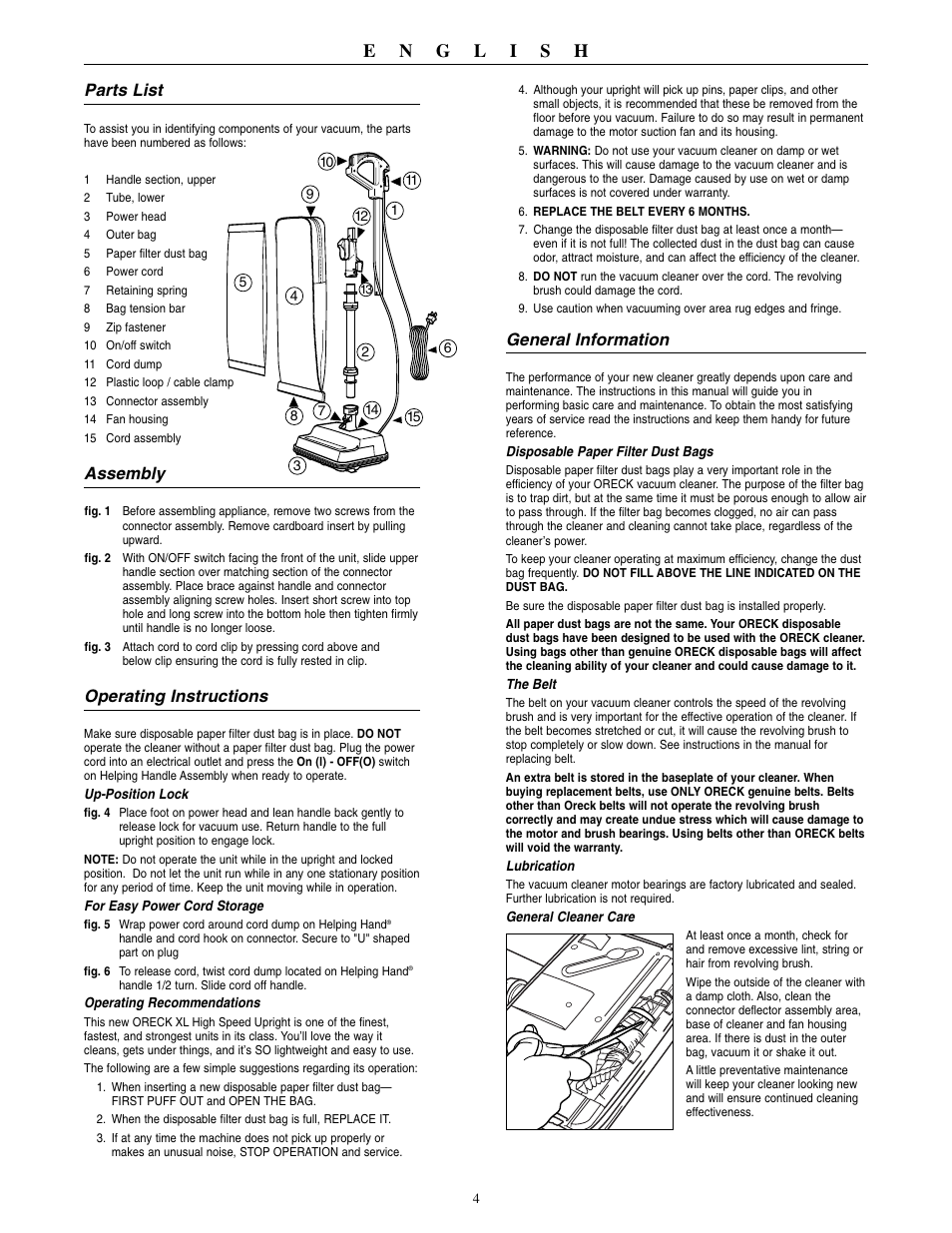 General information, Parts list, Assembly | Operating instructions | Oreck XL2000RHZ User Manual | Page 5 / 16