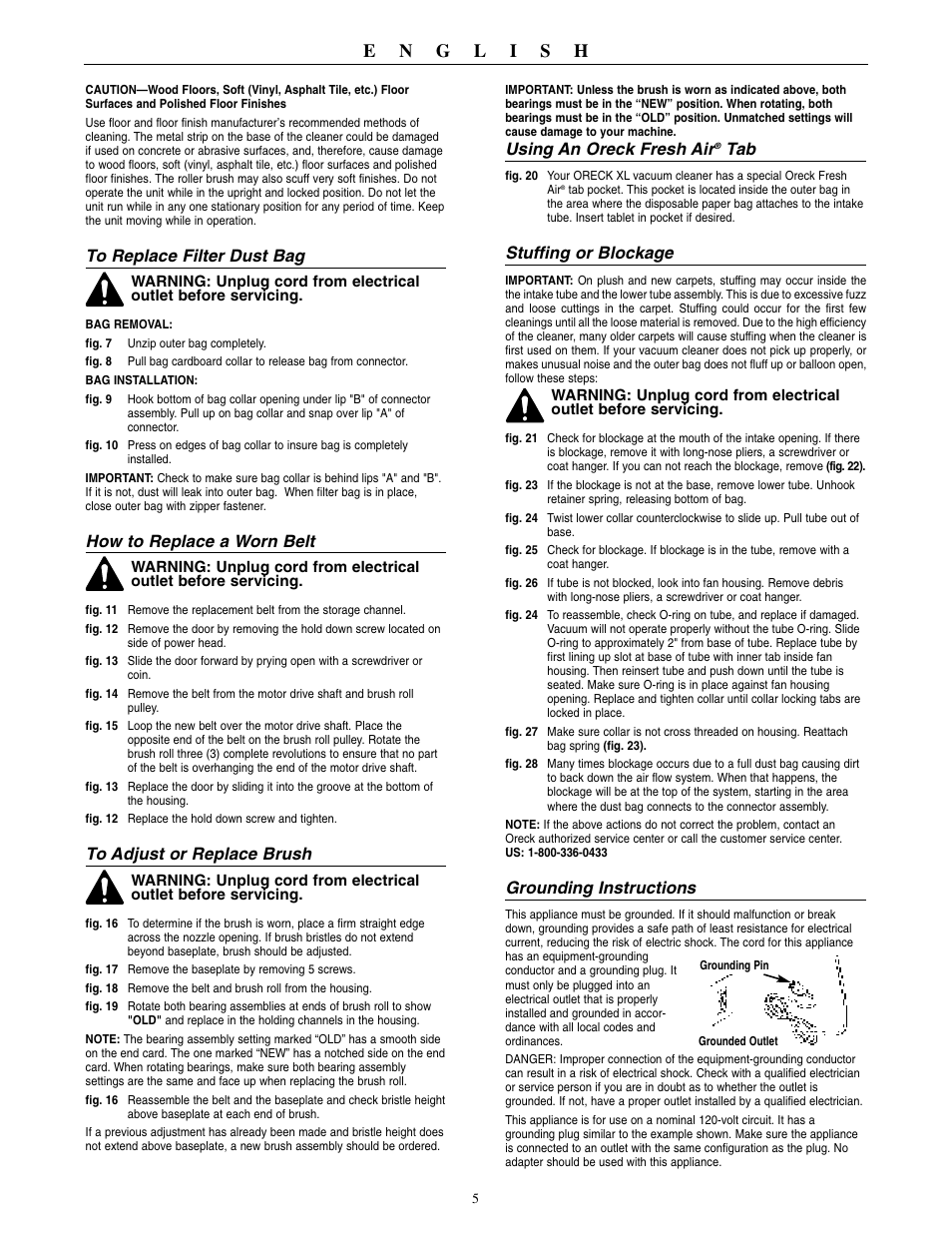 How to replace a worn belt, Using an oreck fresh air, Stuffing or blockage | Grounding instructions | Oreck XL2000RHZ User Manual | Page 6 / 16