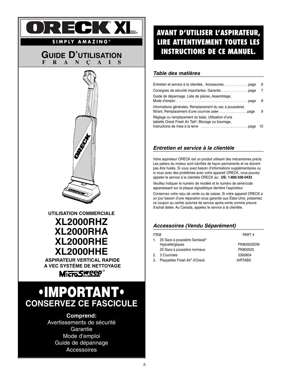 Important, Conservez ce fascicule, Uide | Utilisation | Oreck XL2000RHZ User Manual | Page 7 / 16