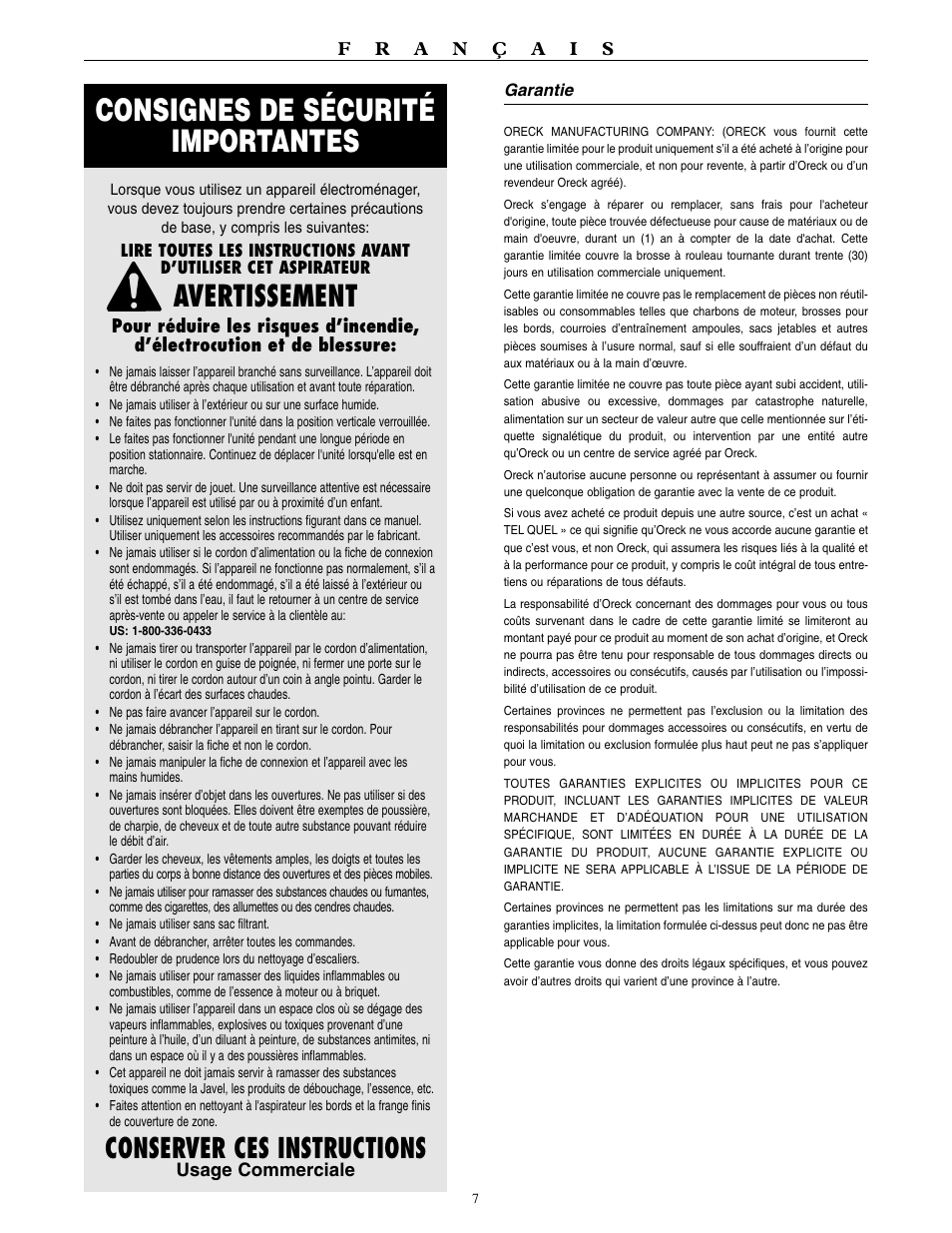 Consignes de sécurité importantes, Avertissement, Conserver ces instructions | Usage commerciale | Oreck XL2000RHZ User Manual | Page 8 / 16