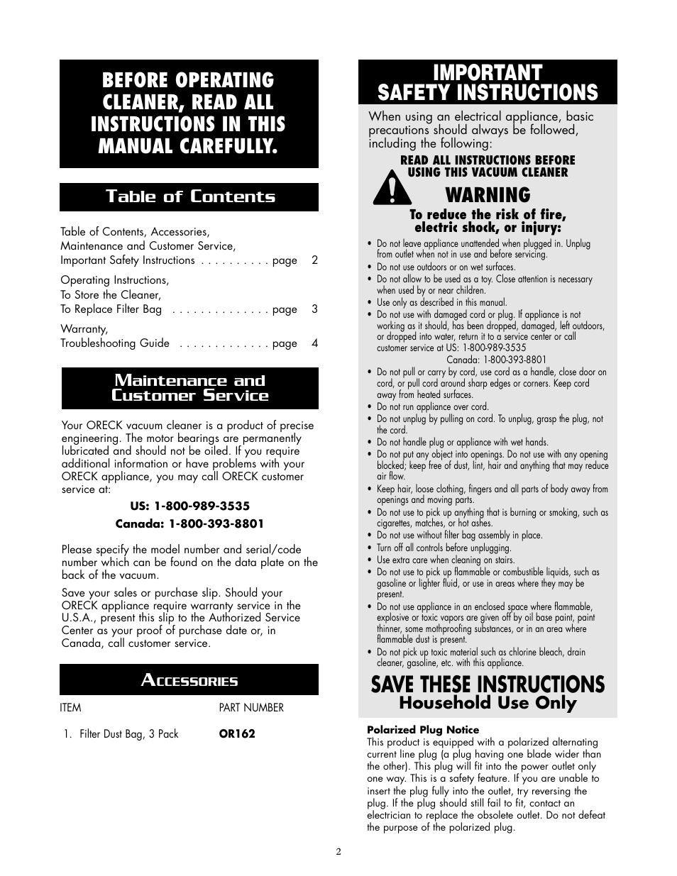 Important safety instructions, Save these instructions, Warning | Able of, Ontents, Household use only, Aintenance and, Ustomer, Ervice | Oreck BR225 User Manual | Page 2 / 4