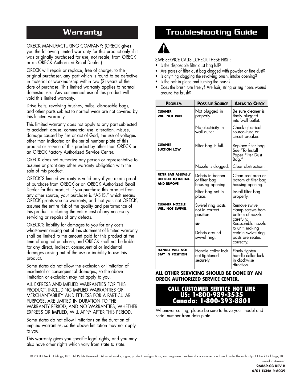 Arranty, Roubleshooting, Uide | Oreck BR225 User Manual | Page 4 / 4