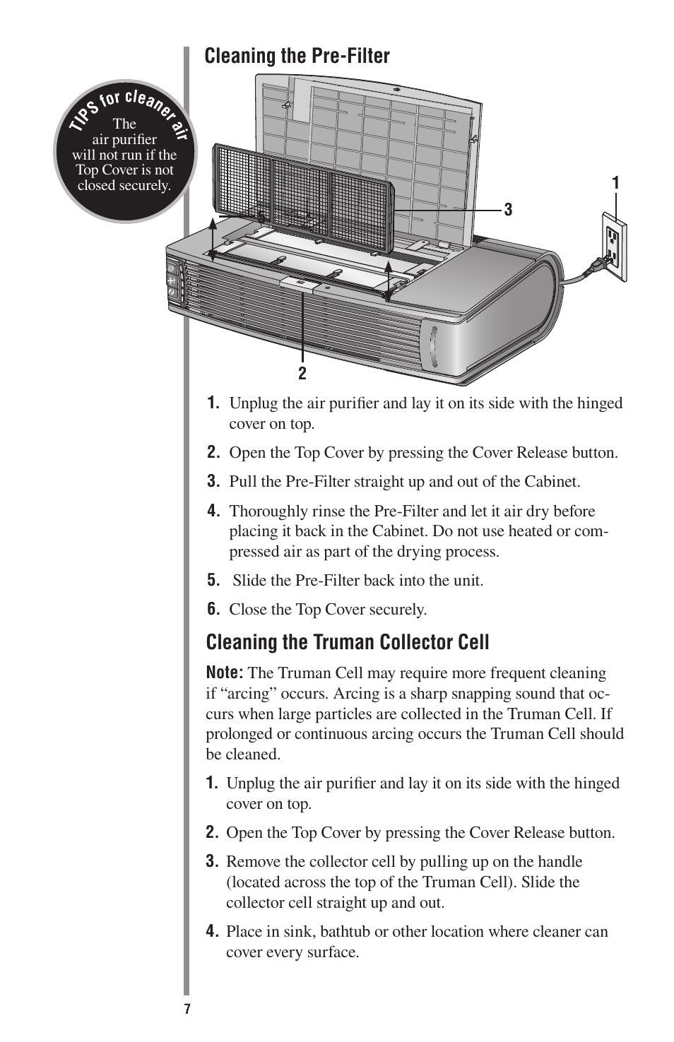 Cleaning the pre-filter, Cleaning the truman collector cell | Oreck ProShield Air Purifier User Manual | Page 10 / 18