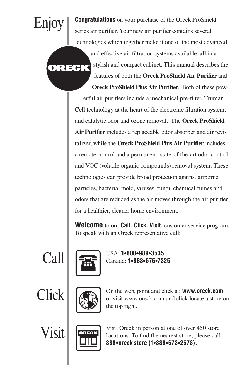 Enjoy click call visit, Other oreck accessories available at | Oreck ProShield Air Purifier User Manual | Page 2 / 18