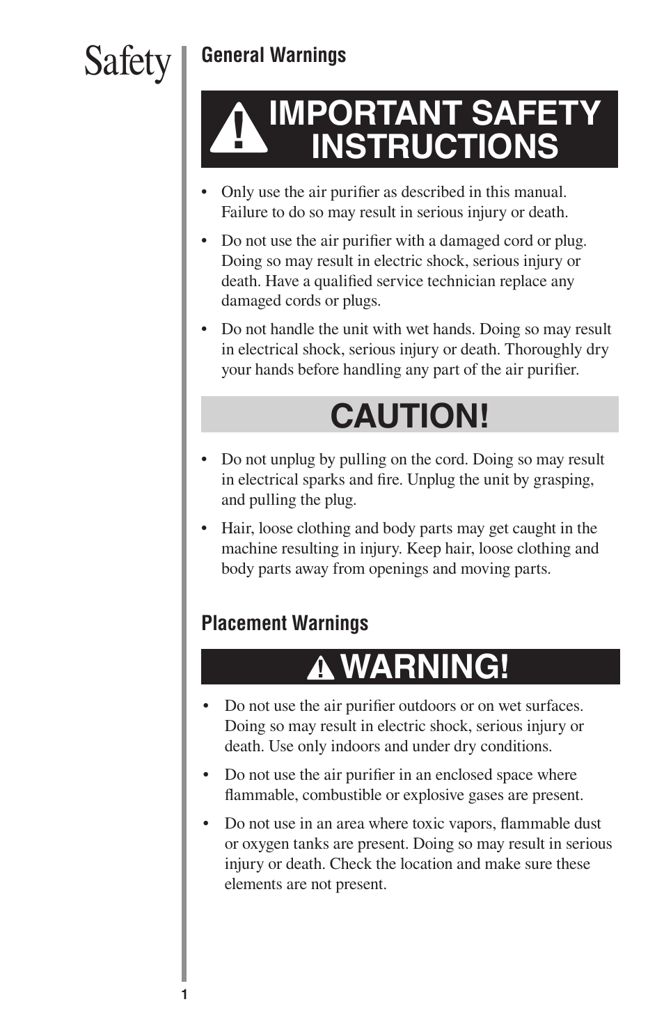 Safety, Important safety instructions, Caution! warning | Oreck ProShield Air Purifier User Manual | Page 4 / 18