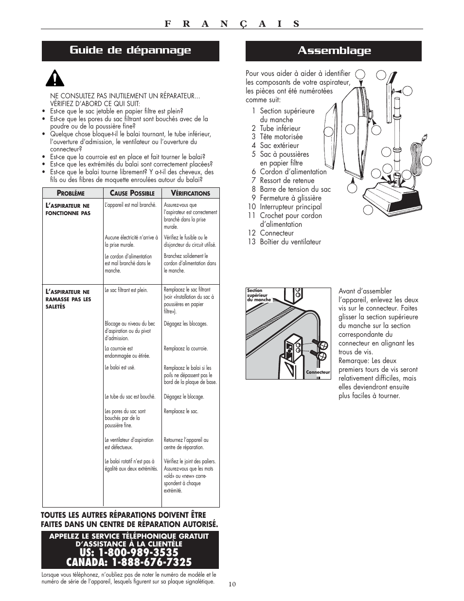 Ssemblage, Uide de dépannage | Oreck SIMPLY AMAZING XL2300RS User Manual | Page 10 / 20