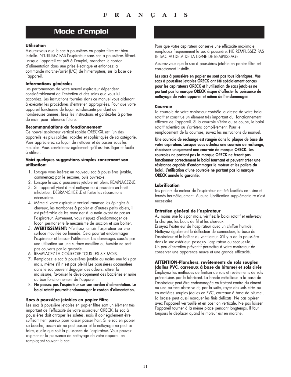 Ode d’emploi | Oreck SIMPLY AMAZING XL2300RS User Manual | Page 11 / 20