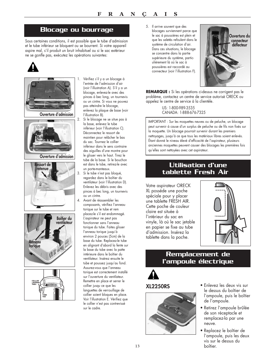 Emplacement de l’ampoule électrique, Tilisation d’une tablette, Resh | Locage ou bourrage | Oreck SIMPLY AMAZING XL2300RS User Manual | Page 13 / 20