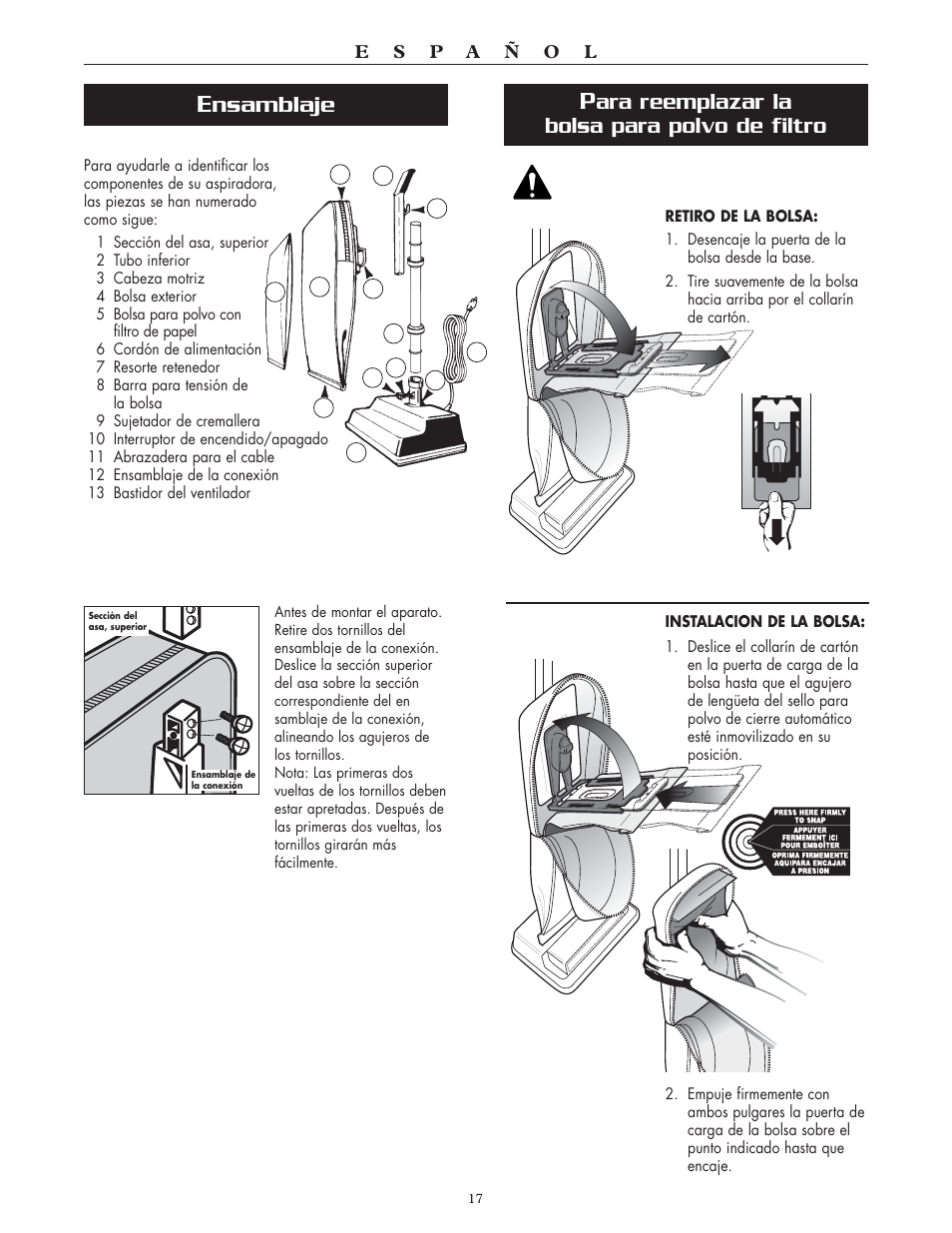 Ara reemplazar la bolsa para polvo de filtro, Nsamblaje | Oreck SIMPLY AMAZING XL2300RS User Manual | Page 17 / 20