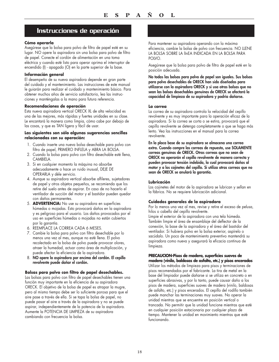 Nstrucciones de operación | Oreck SIMPLY AMAZING XL2300RS User Manual | Page 18 / 20