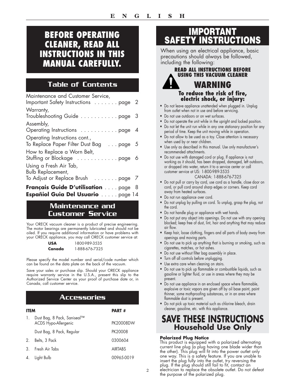 Important safety instructions, Save these instructions, Warning | Able of, Ontents, Aintenance and, Ustomer, Ervice, Ccessories, Household use only | Oreck SIMPLY AMAZING XL2300RS User Manual | Page 2 / 20
