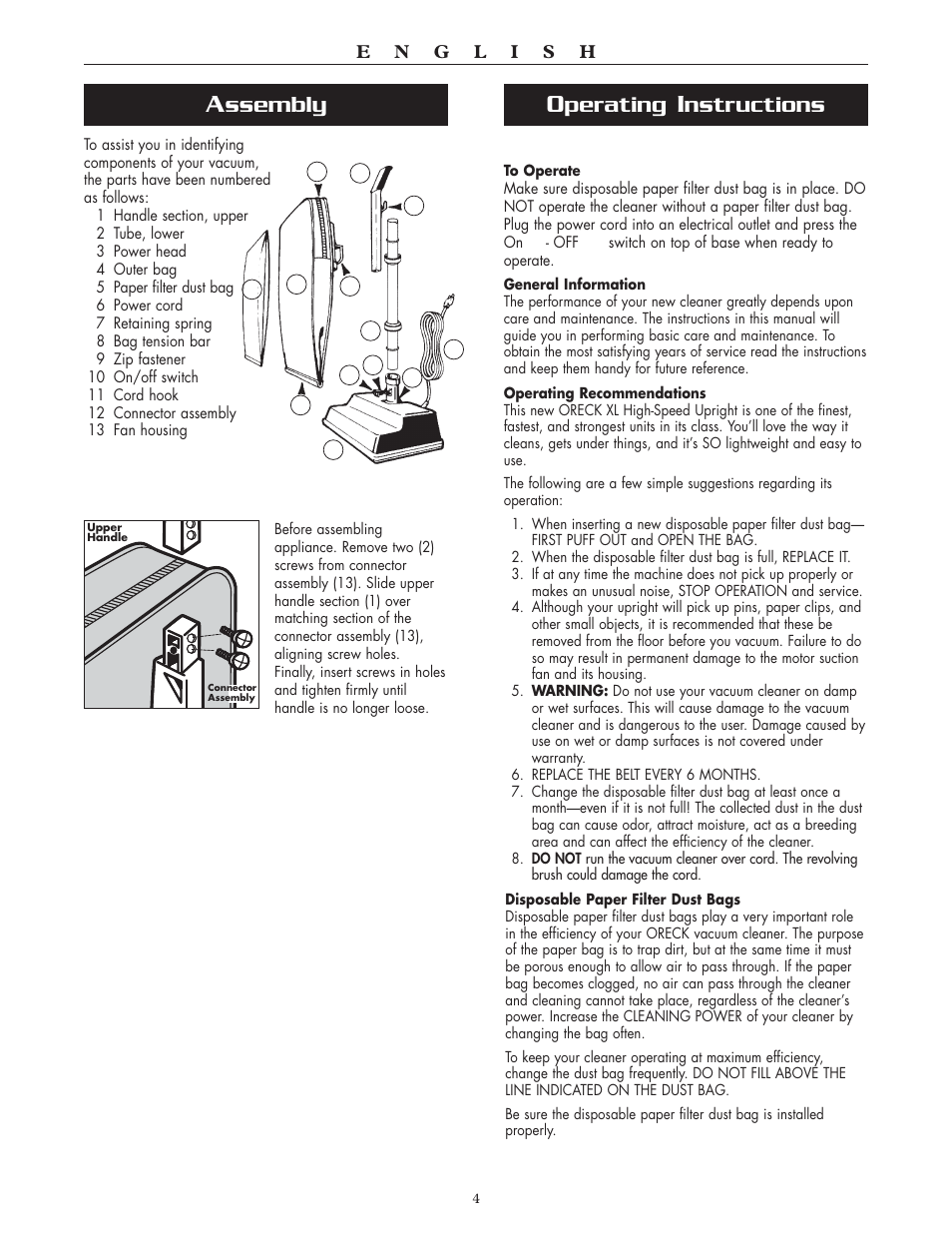 Perating, Nstructions, Ssembly | Oreck SIMPLY AMAZING XL2300RS User Manual | Page 4 / 20