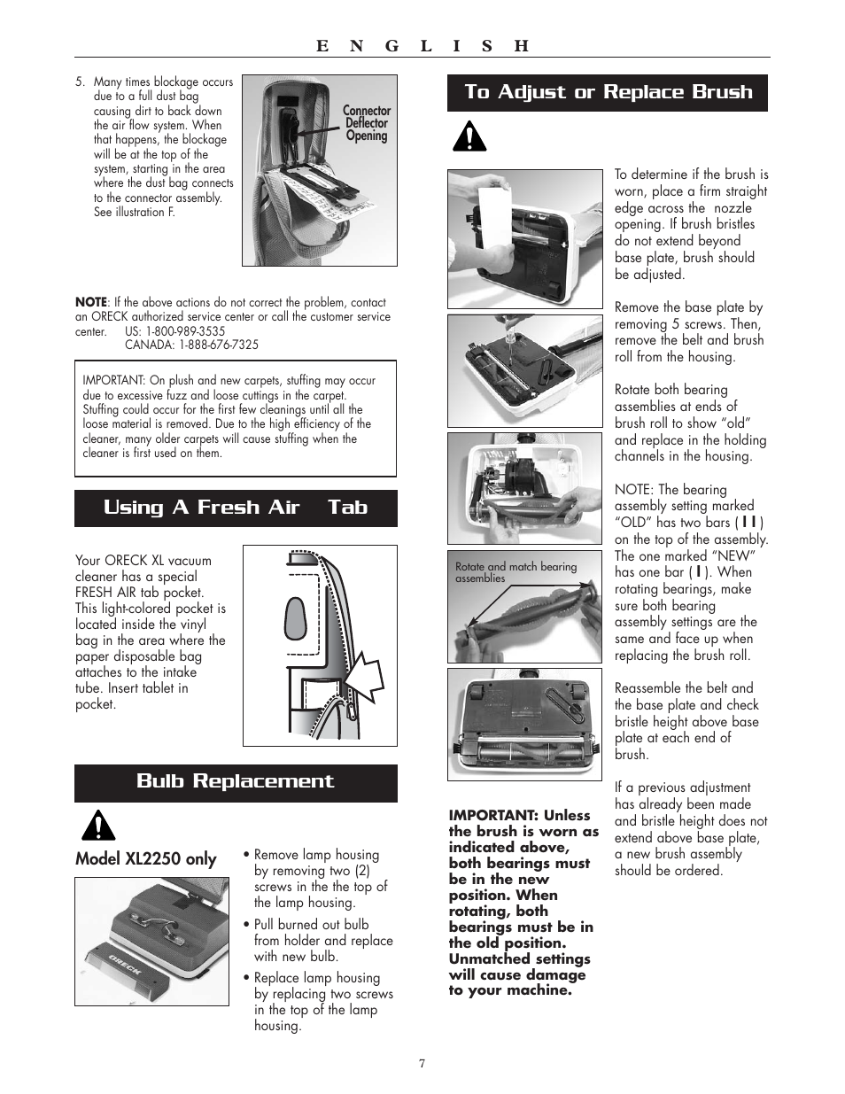 Sing, Resh, Eplacement | Djust or, Eplace, Rush | Oreck SIMPLY AMAZING XL2300RS User Manual | Page 7 / 20