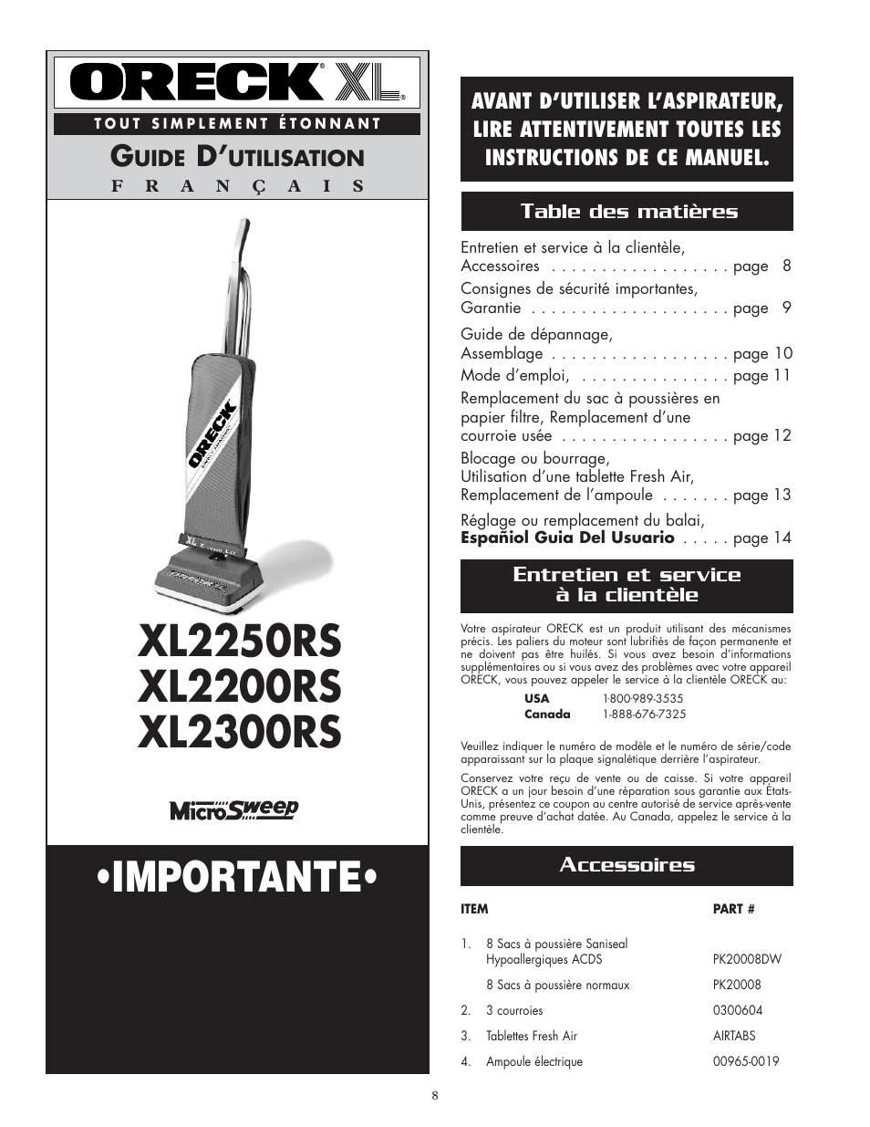 Importante, Conservez ce fascicule, Uide | Utilisation, Ntretien et service à la clientèle, Ccessoires | Oreck SIMPLY AMAZING XL2300RS User Manual | Page 8 / 20