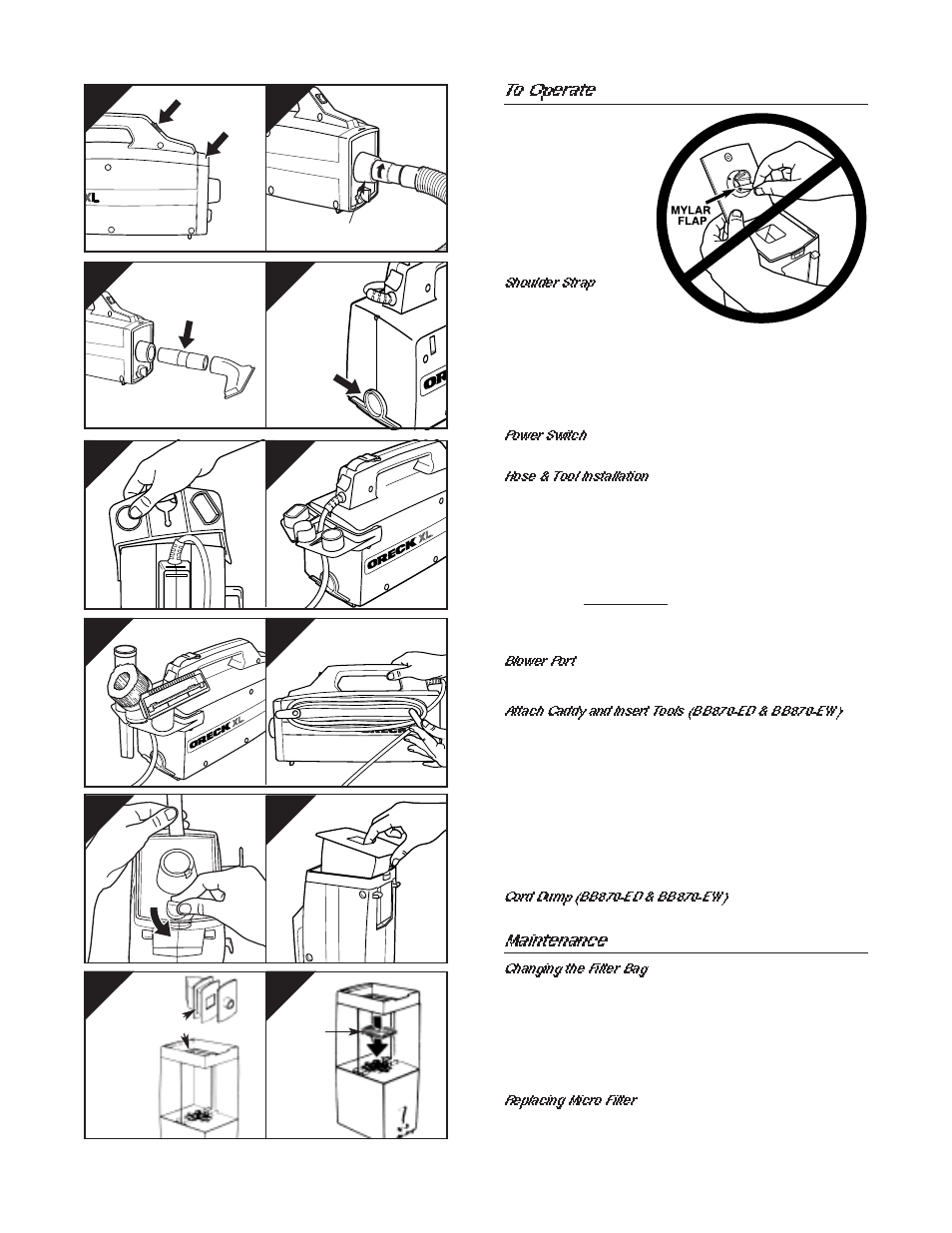 Maintenance, Shoulder strap, Power switch | Hose & tool installation, Blower port, Changing the filter bag, Replacing micro filter | Oreck BB870-EW User Manual | Page 3 / 4