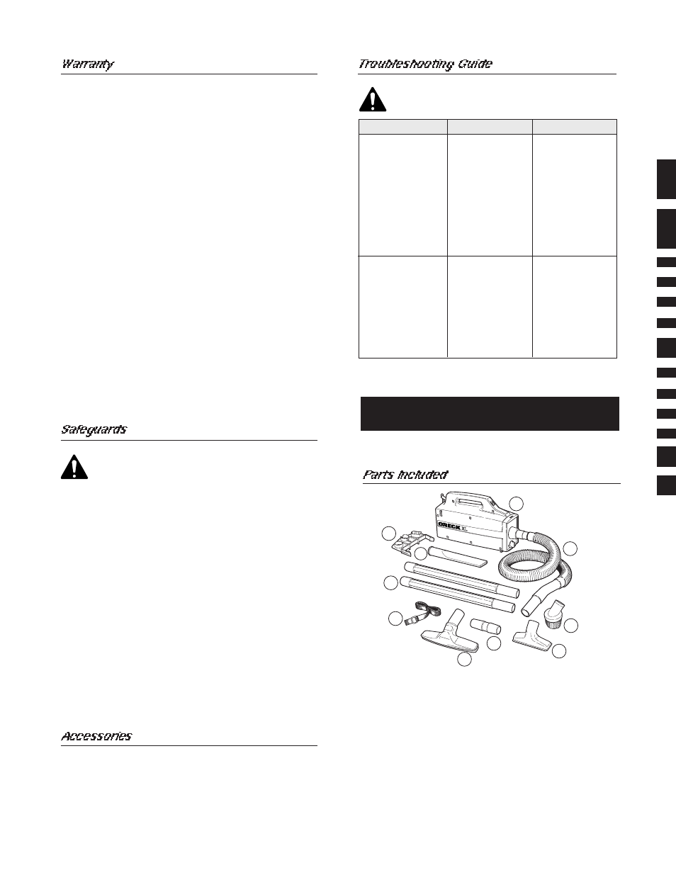 Call customer service hot line, Warranty, Safeguards | Accessories, Parts included, Troubleshooting guide | Oreck BB870-EW User Manual | Page 4 / 4