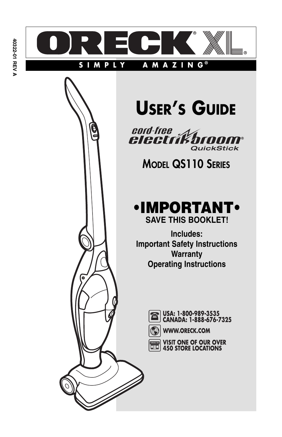 Oreck QS110 User Manual | 12 pages