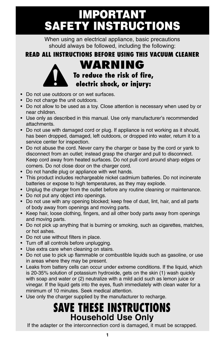 Save these instructions, Important safety instructions, Warning | Household use only | Oreck QS110 User Manual | Page 2 / 12