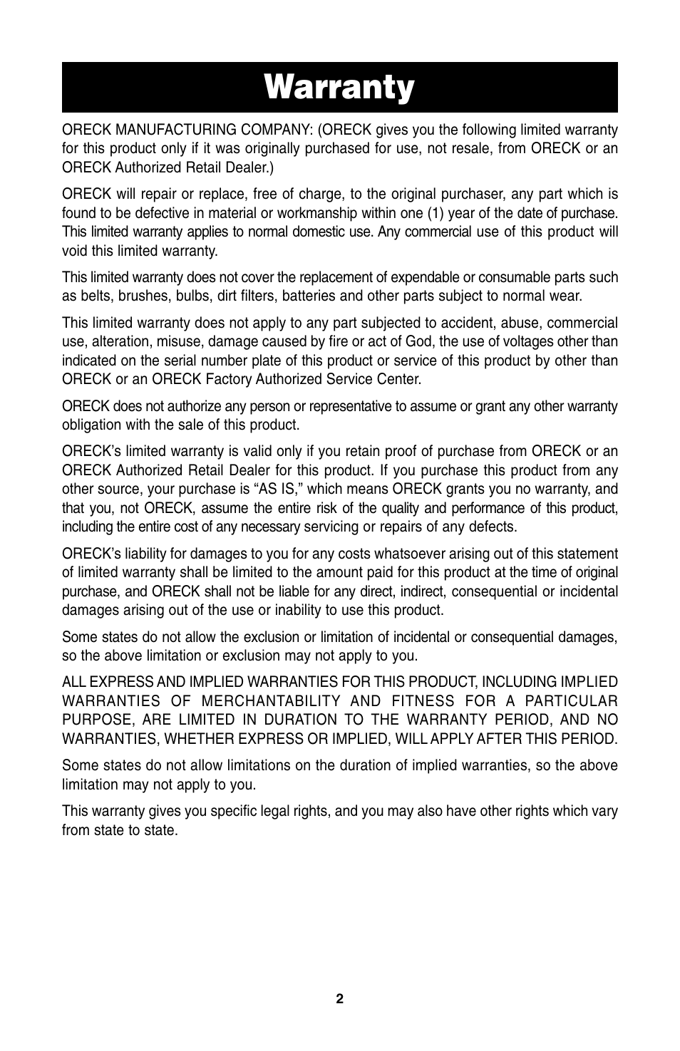 Warranty | Oreck QS110 User Manual | Page 3 / 12