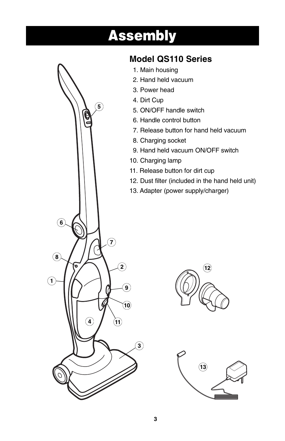 Assembly, Model qs110 series | Oreck QS110 User Manual | Page 4 / 12