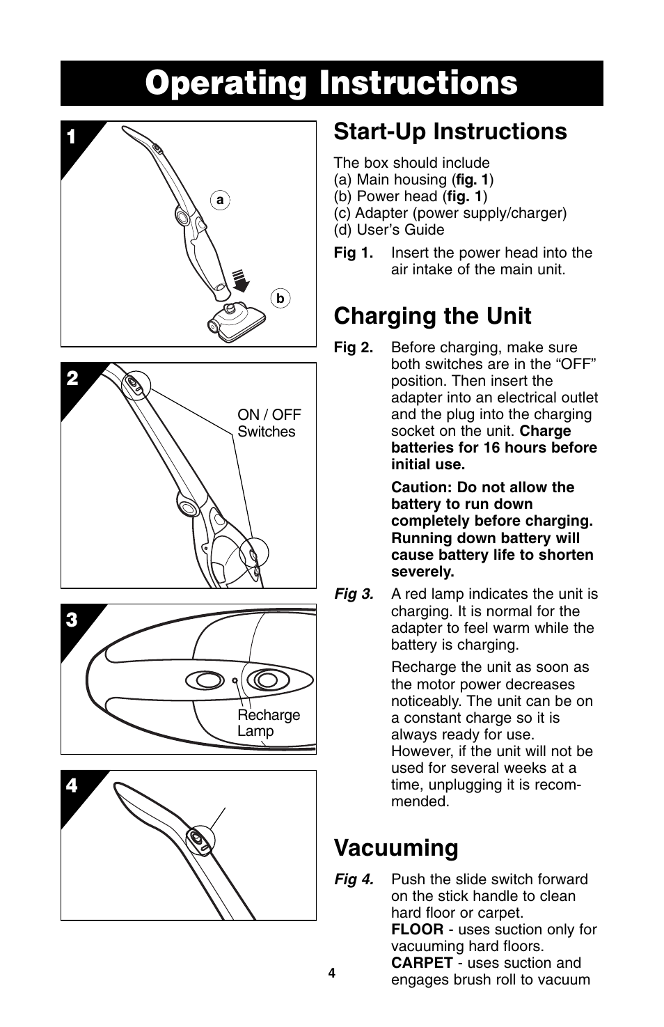 Operating instructions, Start-up instructions, Charging the unit | Vacuuming | Oreck QS110 User Manual | Page 5 / 12