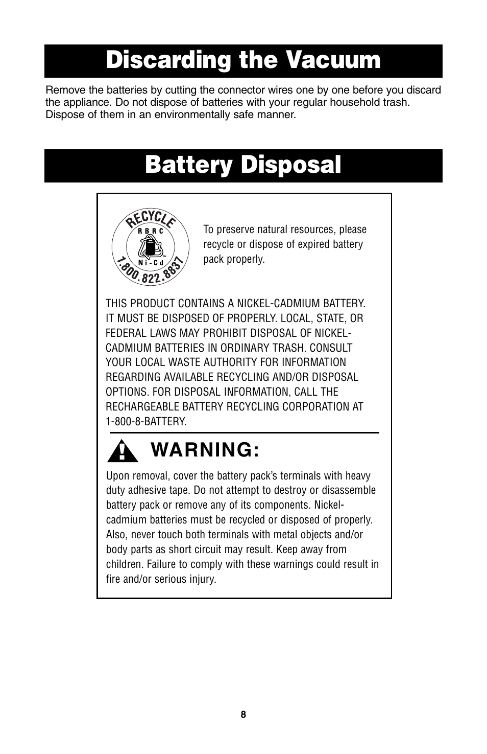 Discarding the vacuum, Battery disposal, Warning | Oreck QS110 User Manual | Page 9 / 12