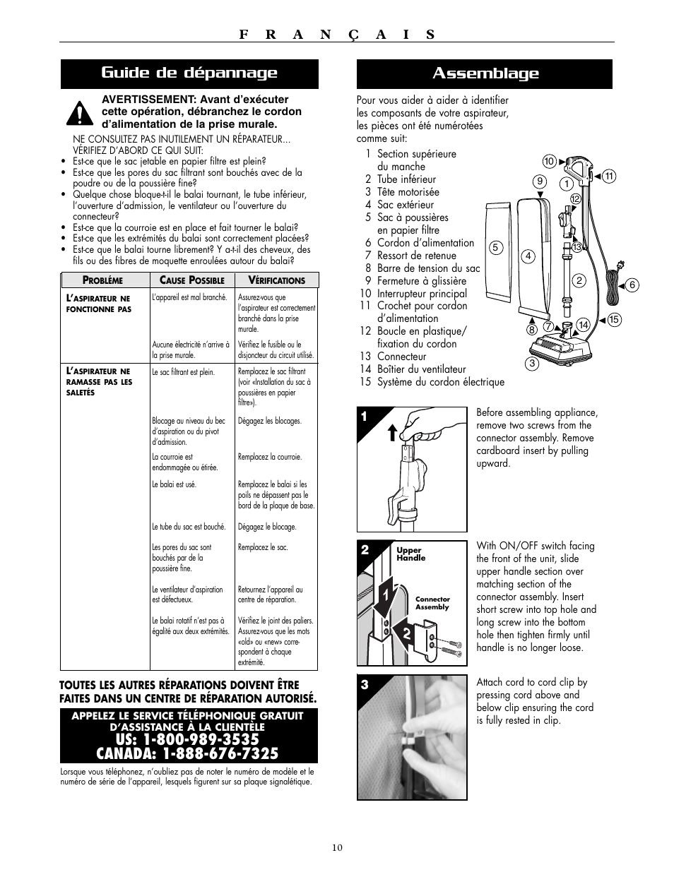 Ssemblage, Uide de dépannage | Oreck XL2600HH User Manual | Page 10 / 20