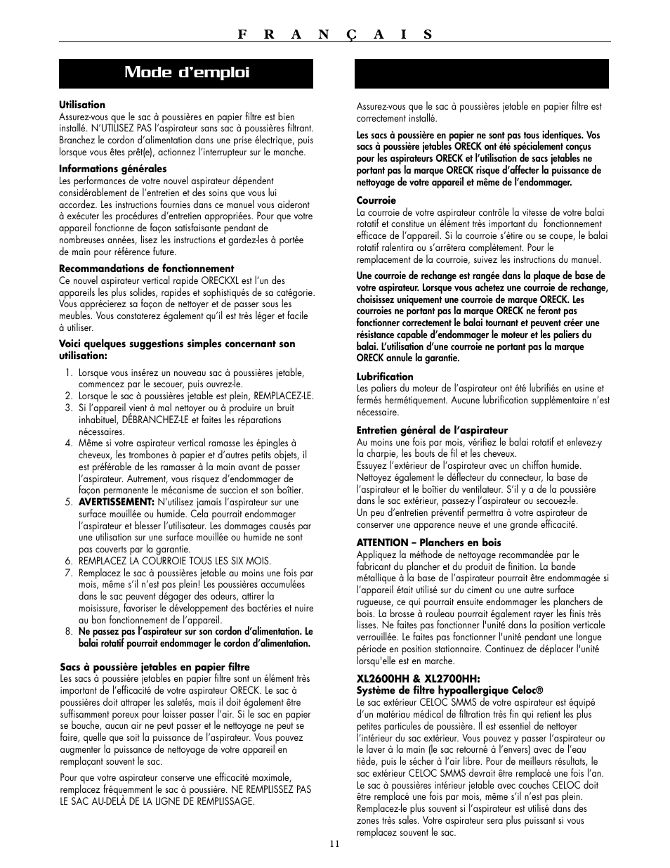Ode d’emploi | Oreck XL2600HH User Manual | Page 11 / 20