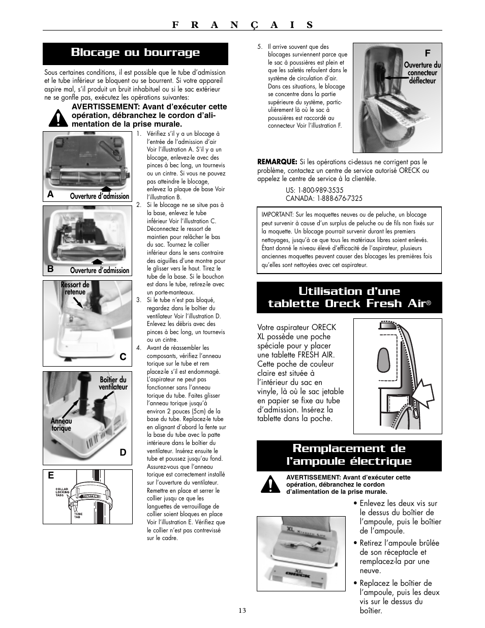 Emplacement de l’ampoule électrique, Tilisation d’une tablette oreck, Resh | Locage ou bourrage | Oreck XL2600HH User Manual | Page 13 / 20