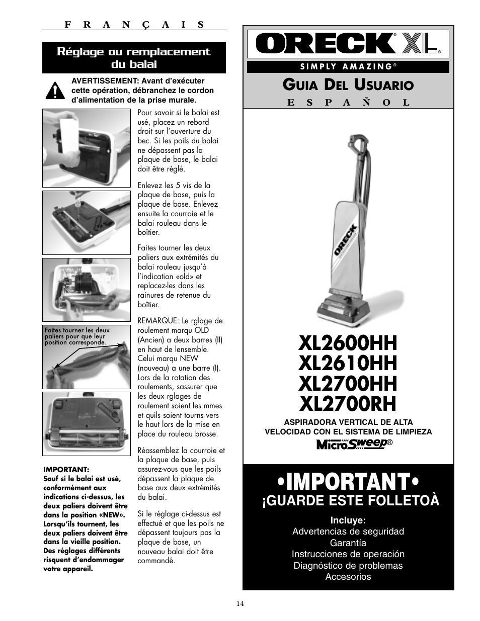 Important, Guarde este folletoà, Suario | Églage ou remplacement du balai | Oreck XL2600HH User Manual | Page 14 / 20
