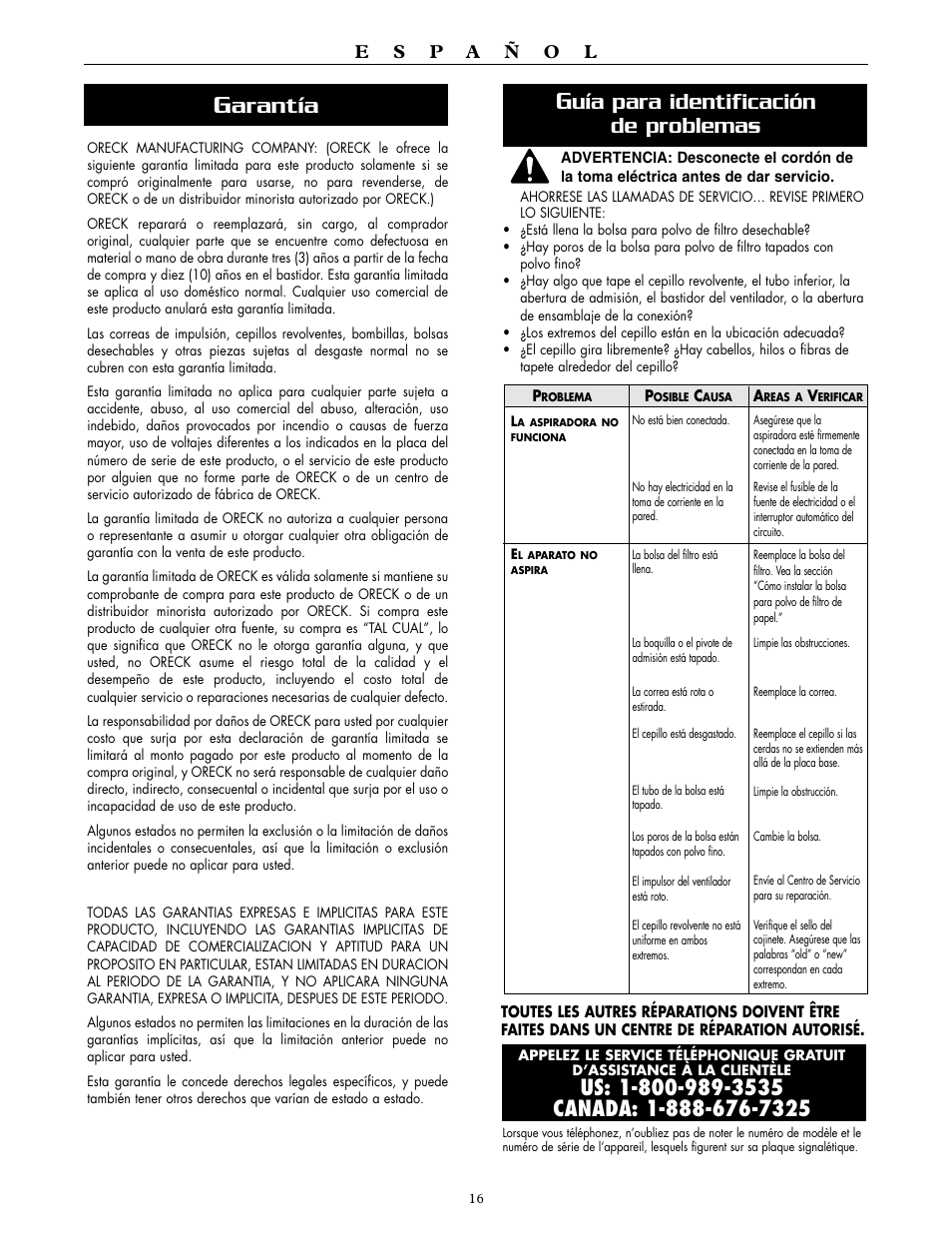 Arantía, Uía para identificación de problemas | Oreck XL2600HH User Manual | Page 16 / 20